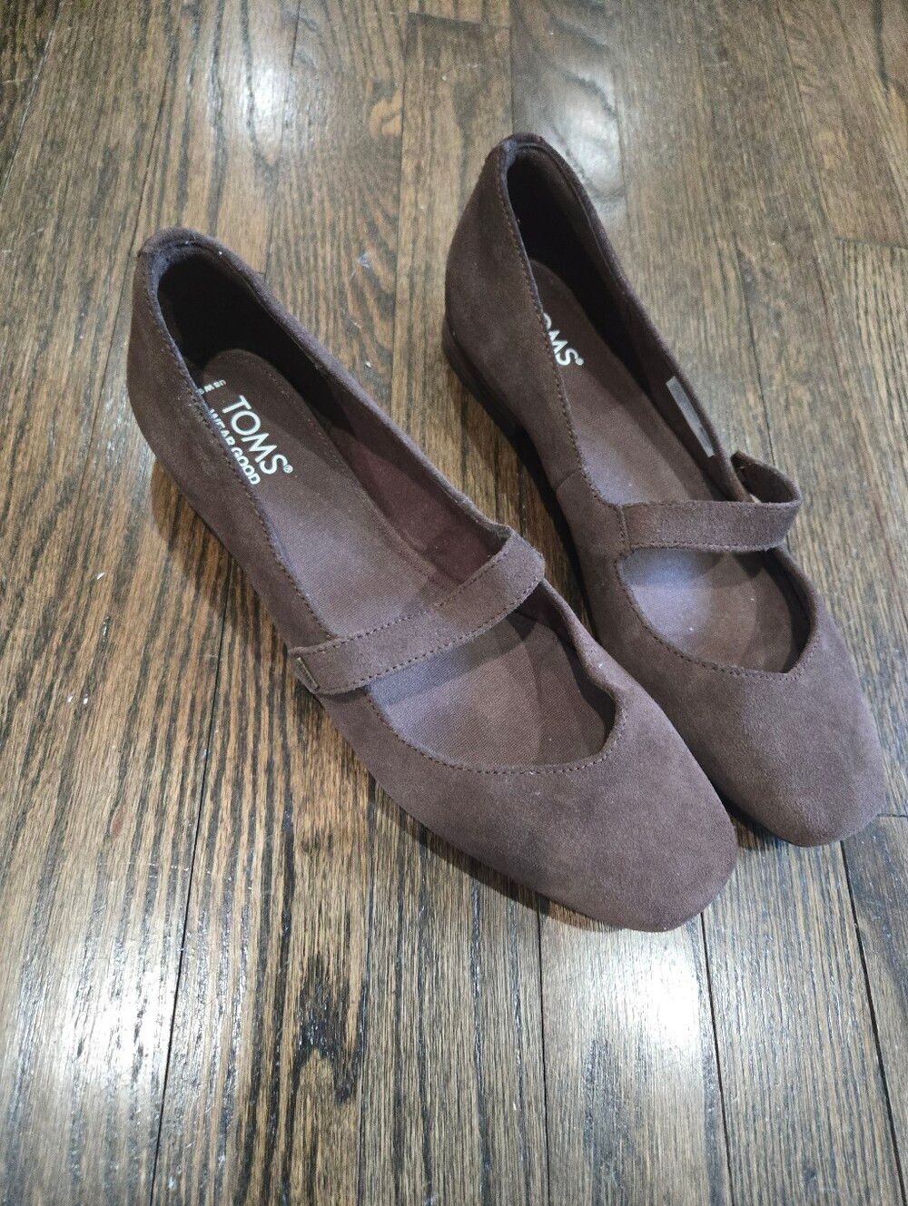 TOMS Bianca Oak Brown Suede Mary Jane Ballet Flats Shoes Size 9